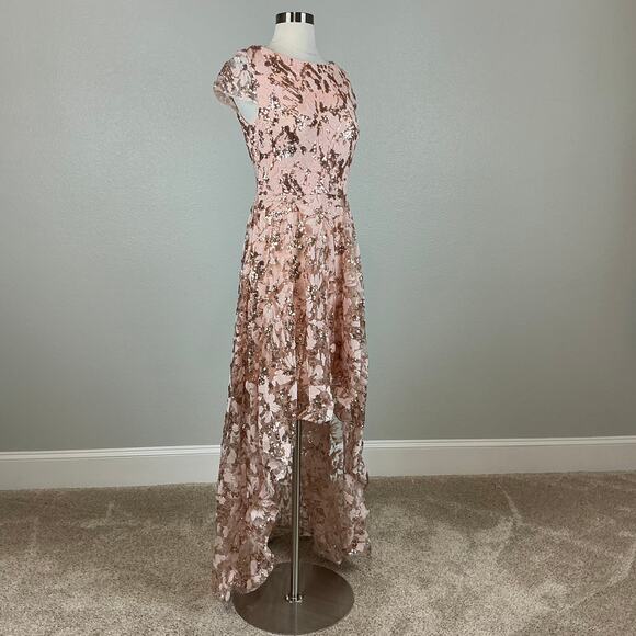 Eliza J Women's Sequined Lace High Low Backless Gown Pink Size 8 Short Sleeve - Picture 3 of 14